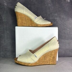 TOMS Cream Cork Wedge Peep Toe Heels Canvas Slip On Size 8